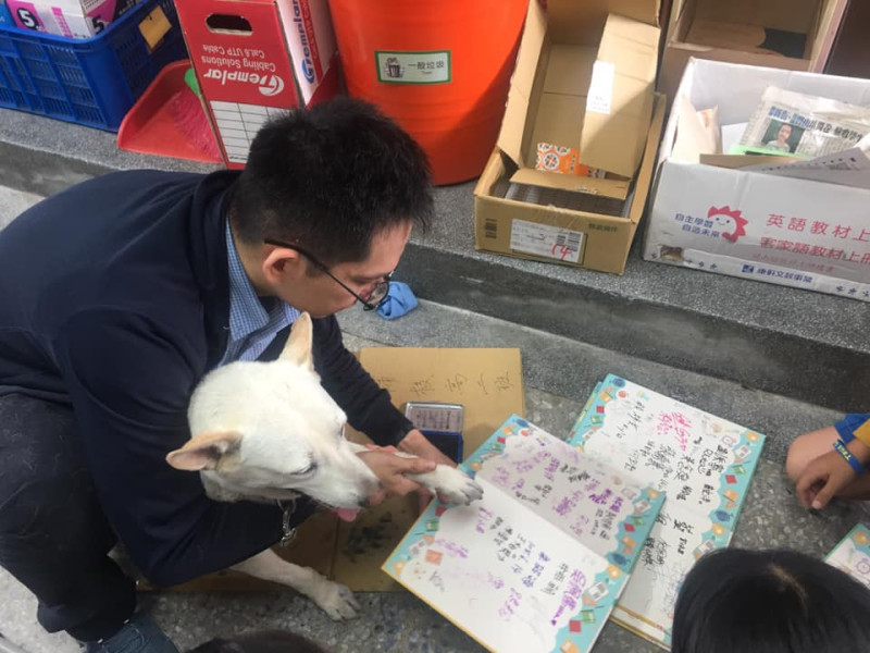 八里國小的校犬「黃玉枝」，忙著幫同學們蓋畢業紀念冊。   圖：新北市動保處／提供