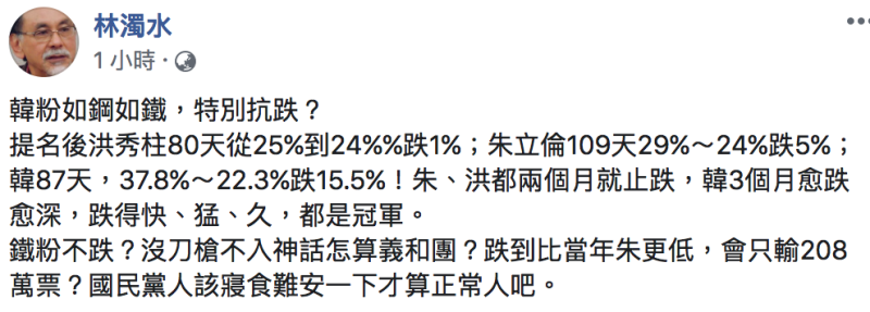 民進黨前立委林濁水表示，韓國瑜民調跌得更快猛久。   圖：翻攝自林濁水臉書