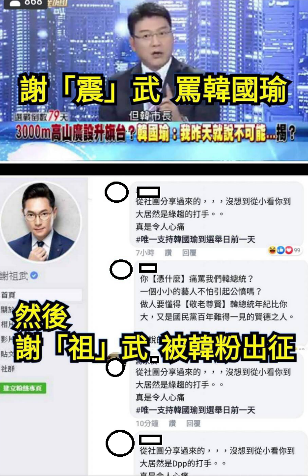 知名節目主持人謝震武狠批韓國瑜，卻是台灣藝人謝祖武的臉書被灌爆。   圖：翻攝打馬悍將粉絲團網友留言