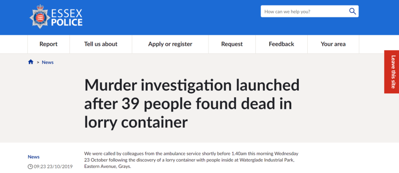 艾塞克斯警方發布消息，證實39人死於貨櫃車的消息為真。圖：翻攝自艾塞克斯警局網站