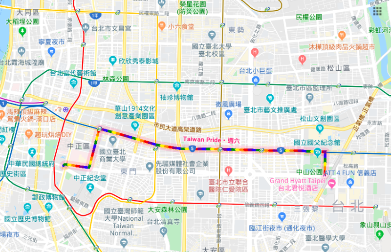 一年一度的同志大遊行將於明（26）日盛大登場，今年遊行起點為台北市政府，終點為凱達格蘭大道   圖：截自google地圖