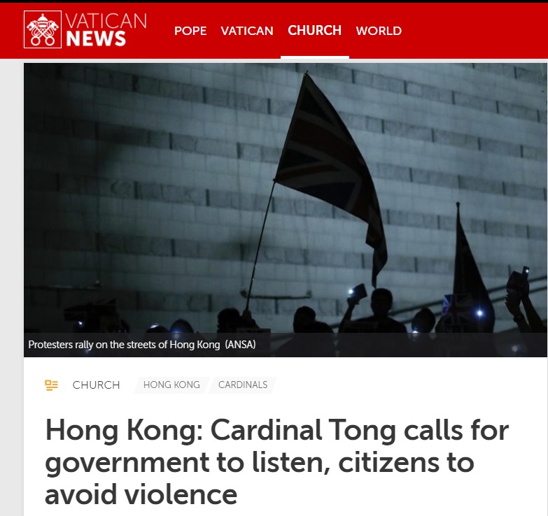 梵蒂岡新聞網25日晚間刊登天主教香港教區宗座署理湯漢樞機的專訪，他提醒香港民眾不要絕望，以暴易暴不能解決問題，只會招來更大危機   圖/翻攝自梵蒂岡新聞網