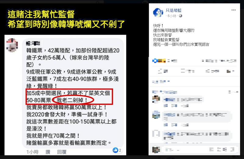 臉書粉專「只是堵藍」29日分享1張截圖，PO文者稱，韓至少可贏蔡英文50至80萬票，說若是沒贏到這票數，就要把自己的生殖器「剁掉」。   圖：翻攝只是堵藍臉書