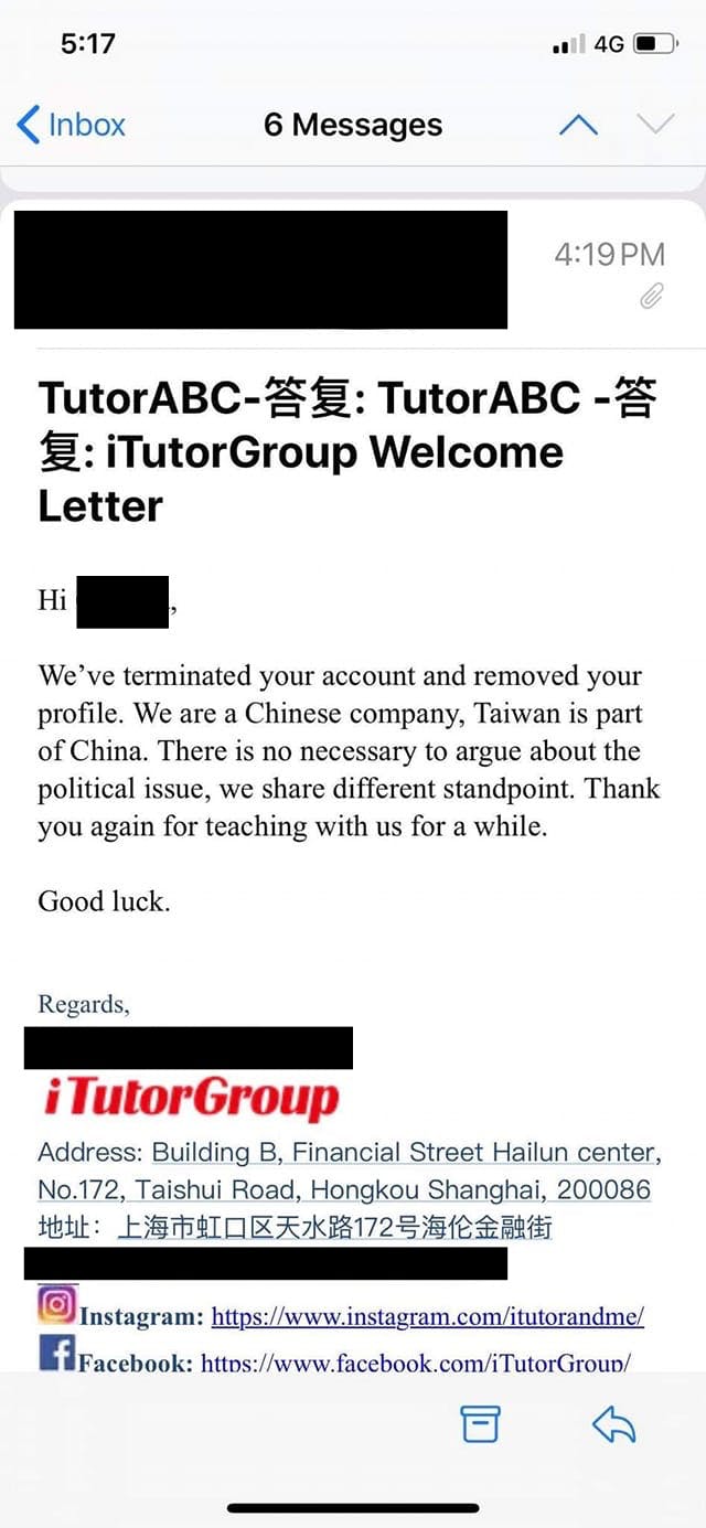近來臉書流傳1張截圖，疑似TutorABC 的母集團「iTutorGroup」回信，決定終止某老師帳號。   圖：翻攝自臉書