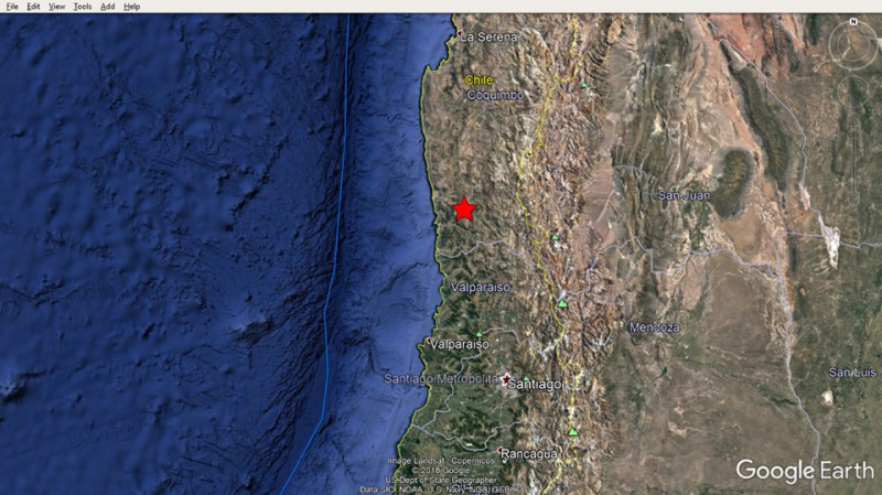 南半球國家智利發生規模6.0強震，震央在港都瓦巴萊索東北方約143公里處，震源深度約49公里。   圖：翻攝自Google Earth