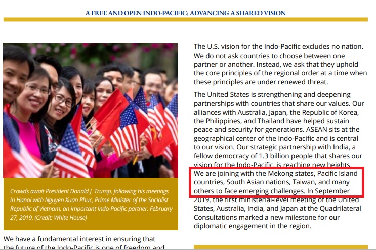 美國政府在東亞峰會中發布的《自由開放的印度－太平洋：推進共享願景》報告，提到正在加強深化與包括台灣在內的理念相同國家夥伴關係。   圖：翻攝自美國務院