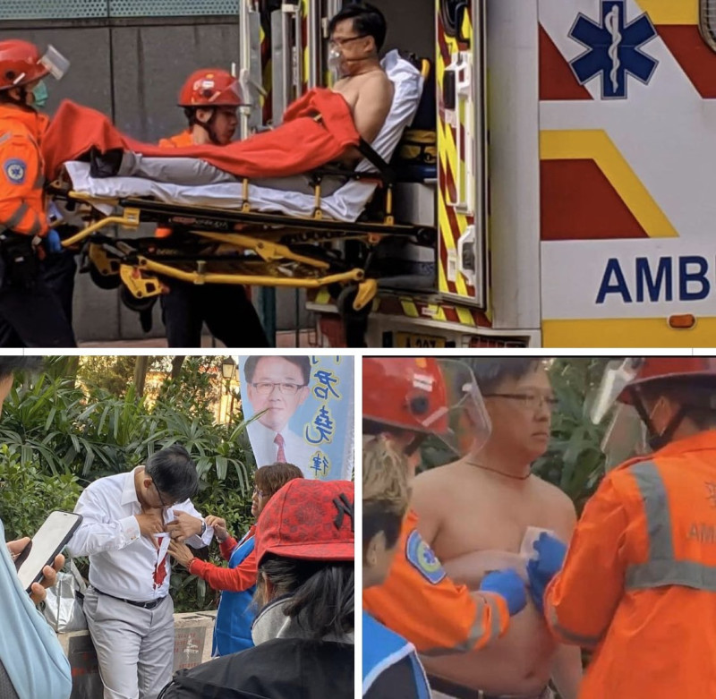 香港立法會議員何君堯6日上午突然遭到民眾砍傷送醫，過程都被民眾拍下。   圖：翻攝自Maggie推特