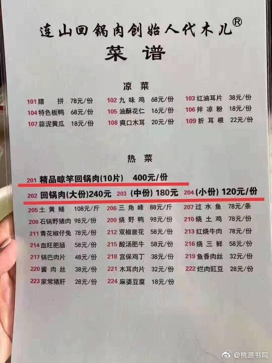 中國1家餐館的菜單在網路瘋傳，原因就是回鍋肉漲得離譜，1份精品要價400元人民幣（紅線處）。   圖：翻攝中國微博