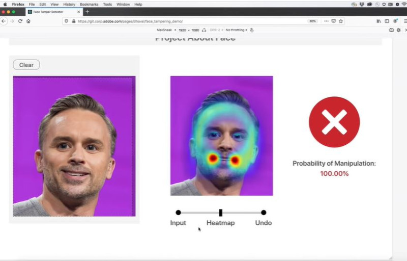 Adobe也公布一款「About Face」工具，可偵測出圖片是否經過Photoshop修圖，以及修圖的範圍。   圖：翻攝自Adobe Creative Cloud 