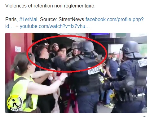 法國今年于一勞動節黃背心抗議活動中，1名警察掌摑民眾耳光（紅圈處），全被拍下。   圖：翻攝自David Dufresne推特