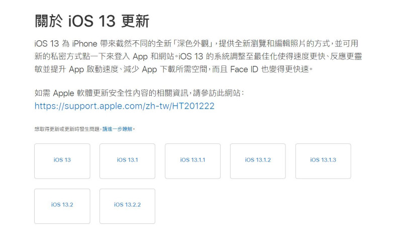 自iOS 13上線以來，蘋果已釋出多次系統更新，今天稍早也開放用戶下載iOS 13.2.2版本。   圖：翻攝自蘋果官網