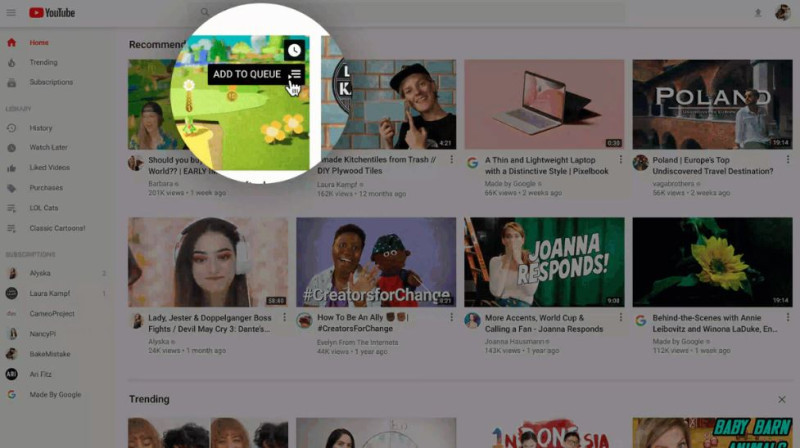 YouTube今稍早宣布，首頁介面將陸續改版更新，用戶只要按下新加入的「Add to queue」功能鍵，即可將影片排入臨時播放清單。   圖：翻攝自YouTube官網