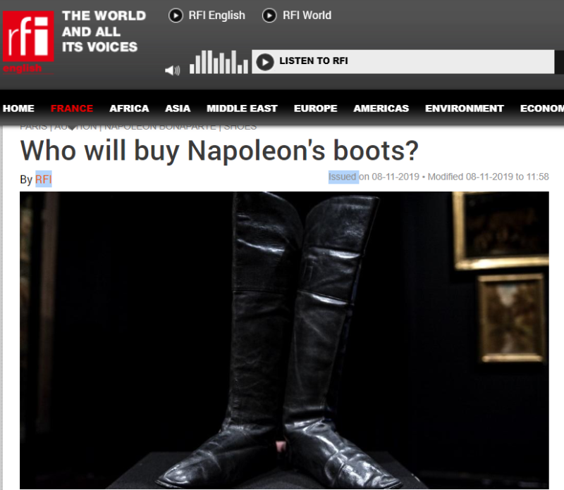 拿破崙40號靴子拍賣 本月將在巴黎拍賣。   圖：翻攝自rfi網站