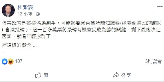 對於「韓張配」的組合，中華大學講座教授杜紫宸表示，可能會影響逾百萬的選票，這將是韓國瑜有機會反敗為勝的關鍵。   圖：翻攝自杜紫宸臉書