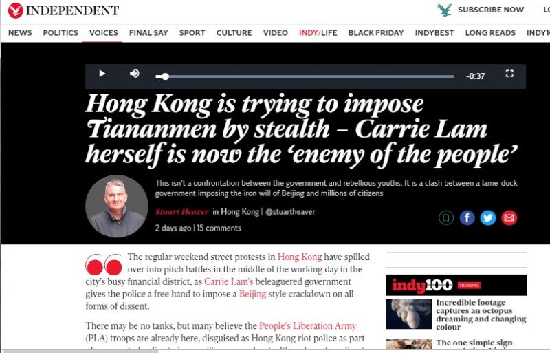 獨立撰稿人希佛在英國《獨立報》發表文章，指香港警察7月以來平均身高增加10公分，天安門屠殺已經秘密開始。   圖：翻攝自英國《獨立報》