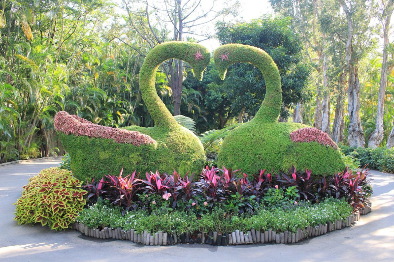 以愛心雙天鵝綠雕，呈現舒伯特作品集「天鵝之歌」的浪漫意境。   圖：台北市工務局／提供