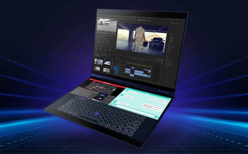 華碩官網資料顯示，「Precog Duo Screen」把一般筆電的實體鍵盤部分改為觸控螢幕，讓筆電的顯示螢幕變成兩倍，成為雙螢幕筆電。   圖：截取自華碩官網