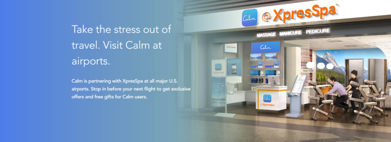 聚點多在美國機場的連鎖沙龍 XpresSpa 也能聽見 Calm 的服務。   圖：取自Calm官網