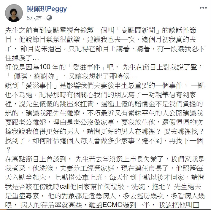 陳佩琪指出，台灣這幾年來的政治環境與生態，讓人感受從政之可怕。   圖：翻攝自陳佩琪臉書