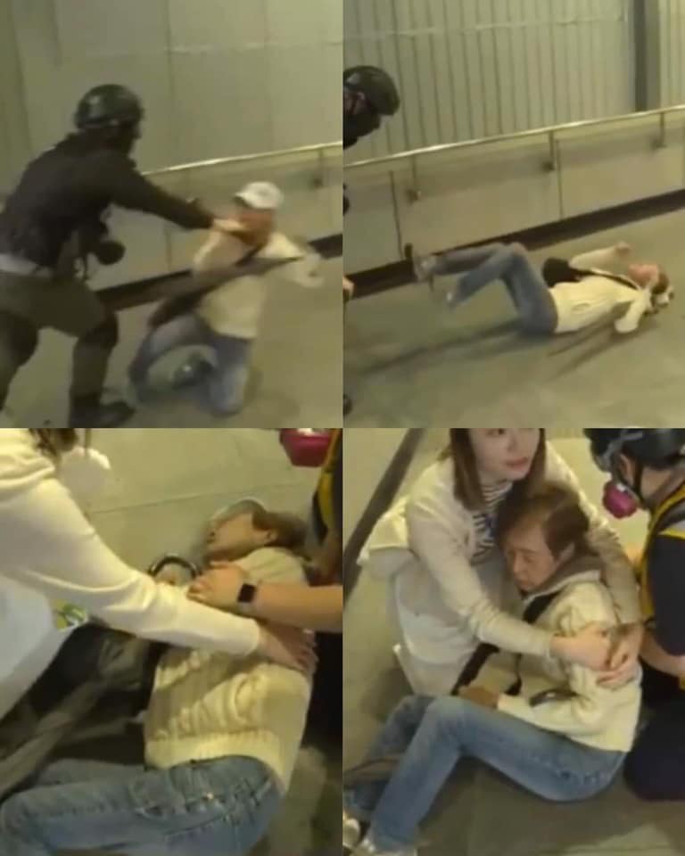 香港網友1日發起「毋忘初心大遊行」，卻遭到港警暴力相向，在地鐵尖東站1名下跪婦人遭推倒，後腦著地。   圖：翻攝自香港眾志何嘉柔臉書