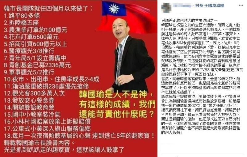 有韓粉在臉書社團提出中華電信「陰謀論」，直指中華電信暗地操控民調。   圖 : 翻攝自村長全國粉絲團 臉書