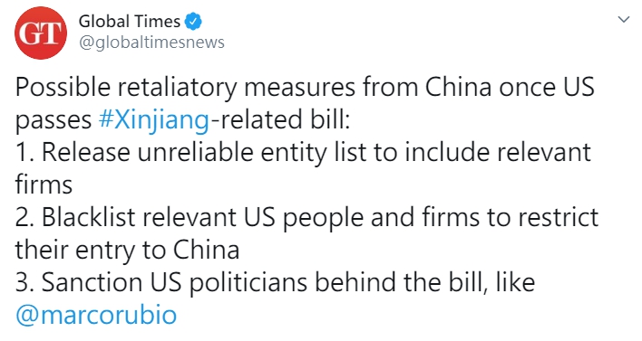 環球時報今日發文，指出中國將對美國祭出報復性措施，如：公佈「不可靠實體清單」。   圖：翻攝自環球時報推特