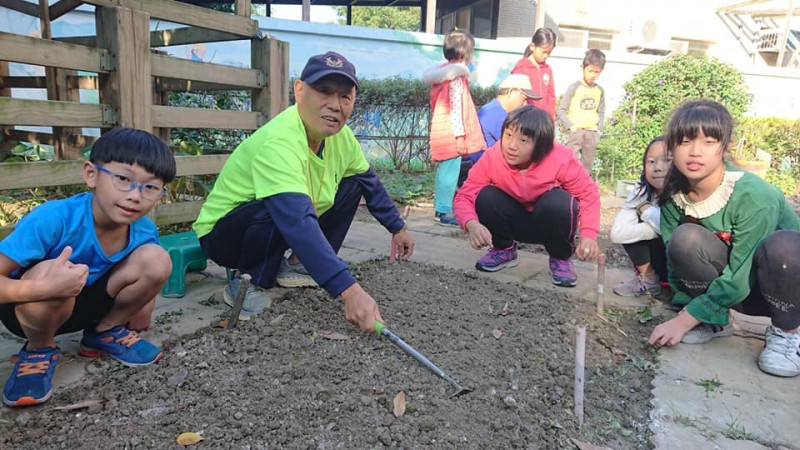 新泰國小學生們由樂齡志工指導，一起種植農作物。   圖：新北市教育局/提供 
