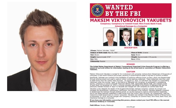 現年32歲的俄羅斯駭客雅庫貝斯成為美國FBI頭號通緝犯，被懸賞500萬美元。   圖：翻攝自美國FBI