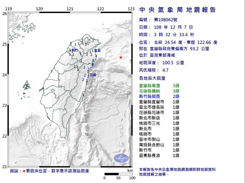 今天清晨3時32分臺灣東部海域發生芮氏規模4.7地震。   圖/氣象局