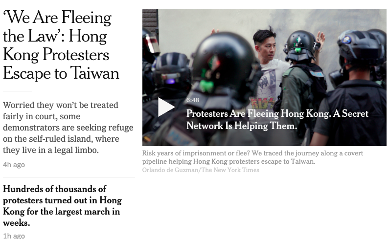 根據紐約時報，自香港反送中抗議開始以來，已有多達200名年輕抗議者逃來台灣。   圖／截圖自紐約時報