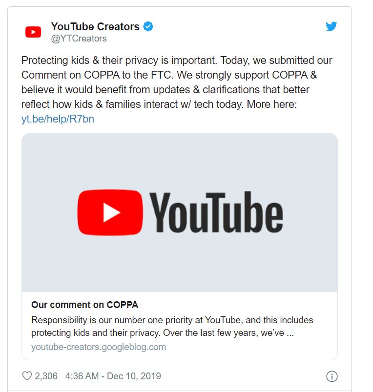 YouTube近期公開發文指出兒童隱私保護的重要性，並表示，已要求FTC針對平台上的兒童分類準則，進行更清楚的說明。   圖：翻攝自YouTube／Twitter