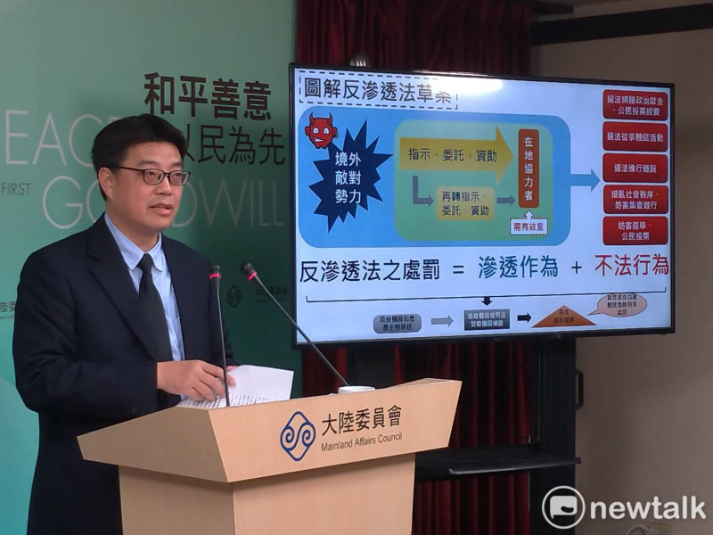 陸委會副主委兼發言人邱垂正以簡報圖解的方式，說明台灣為何需要「反滲透法草案」。   圖：謝莉慧/攝（資料照片）