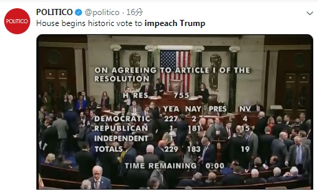 美國眾議院進行彈劾總統川普案的表決，受到全球矚目。   圖：翻攝自POLITICO推特影片