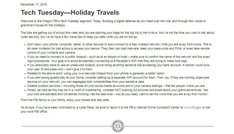 FBI發表了一篇名為「科技星期二－假日旅行（Tech Tuesday—Holiday Travels）」的貼文，提醒旅客留意免費Wi-Fi帶來的風險。   圖：截取自FBI官網