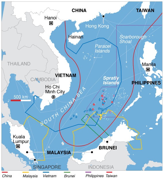 南海各國主權聲張重疊，中國雖將絕大部分的海域劃歸己有，各聲索國並不讓步。   圖：Voice of America 提供　©Public Domain