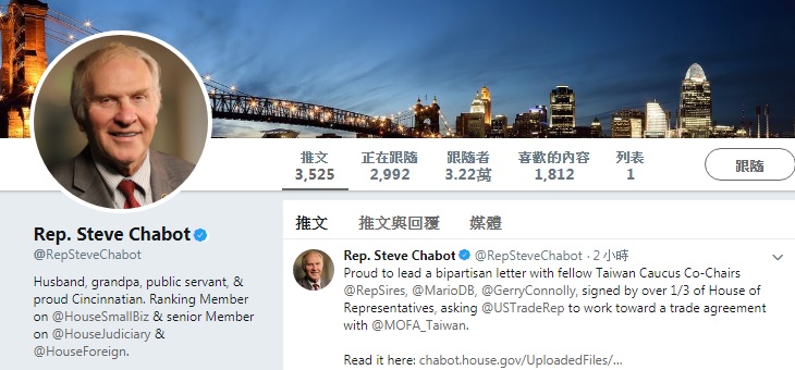 美眾議院台灣連線主席之一的夏波在推特po出1封給萊特海澤的公開信連結，敦促與台灣啟動貿易談判。   圖：翻攝自夏波推特