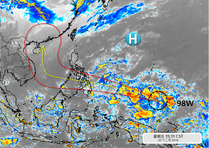 「98W」有可能在週末期間（21、22日）發展為熱帶性低壓，甚至不排除形成颱風。   圖：取自吳聖宇臉書