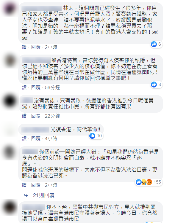 林鄭月娥的發文引來香港網友反彈，直指港府才是一切事端的「罪魁禍首」。   圖 : 翻攝林鄭月娥臉書