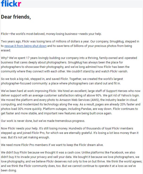 Flickr母公司SmugMug的CEO麥克阿斯基爾（ Don MacAskill）發信給用戶，請求用戶升級至付費方案，讓Flickr能夠活下去。   圖：讀者提供