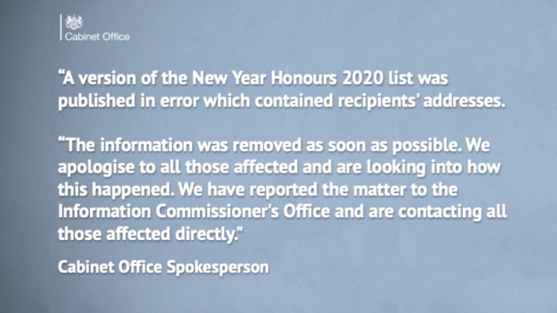 英國內閣辦公廳授勳名單個資被公布在網路上約1小時。   圖/翻攝自Cabinet Office推特