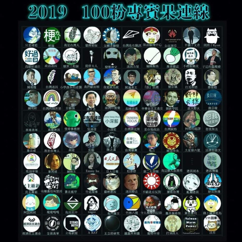 這張「2019 100粉專賓果連線」圖片近日在韓粉社群瘋傳。   圖：翻攝自葉丙成臉書