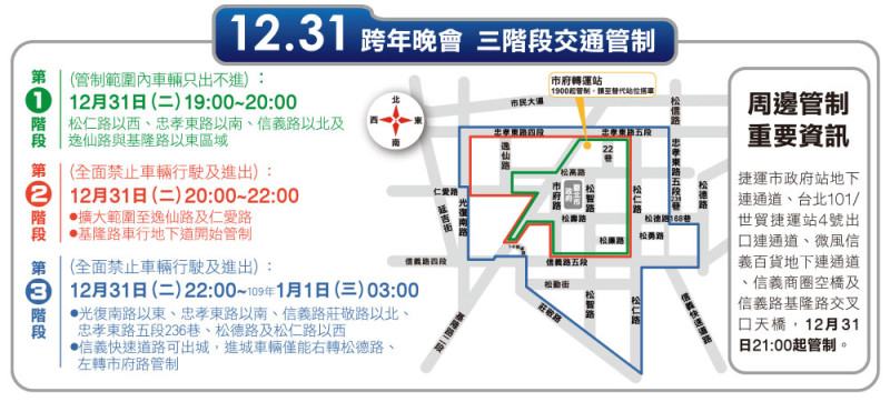 因應跨年洶湧人潮，台北市中山區、信義區將實施3階段交管措施。   圖：翻攝自台北最High新年城官網