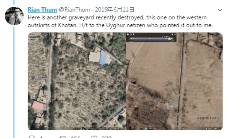美國新疆議題專家圖姆將新疆和田市1處公墓比對，2018年9月時，是大片墓地（左圖），到了2019年（右圖）全部清空。   圖：翻攝自圖姆推特