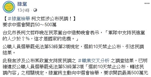 綠黨５日深夜指控柯文哲在台中造勢晚會上公布民調資料，違反了選罷法。   圖：翻攝自綠黨臉書