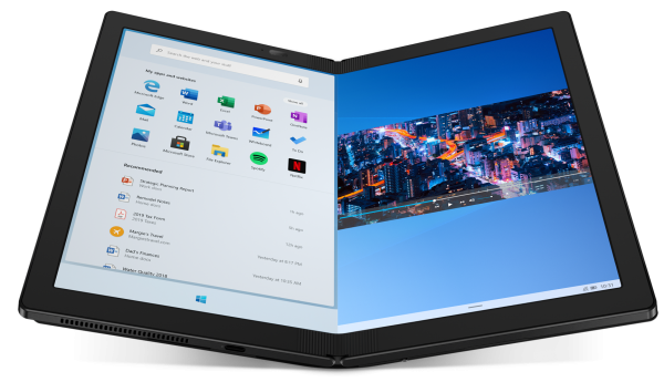聯想折疊螢幕筆電「ThinkPad X1 Fold」可以直接展開當成平板使用。   圖：取自聯想英文官網