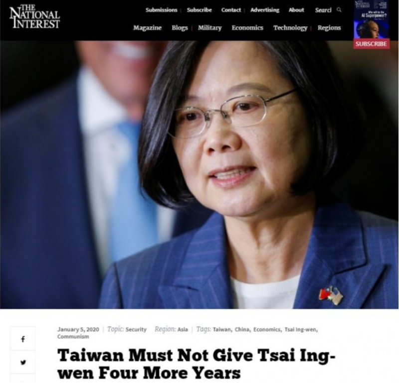 美國《國家利益（The National Interest）》近日刊登一則標題為「台灣絕對不能再給蔡英文四年」的文章。   圖：翻攝自The National Interest