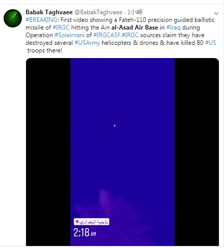 外電記者塔格維稱伊朗發射的導彈催毀不少美軍直升機與無人機，還有80人傷亡，但未經證實。   圖：翻攝自塔格維推特