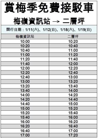 梅嶺-二層坪賞梅季免費接駁車時刻表。   圖：台南市府／提供