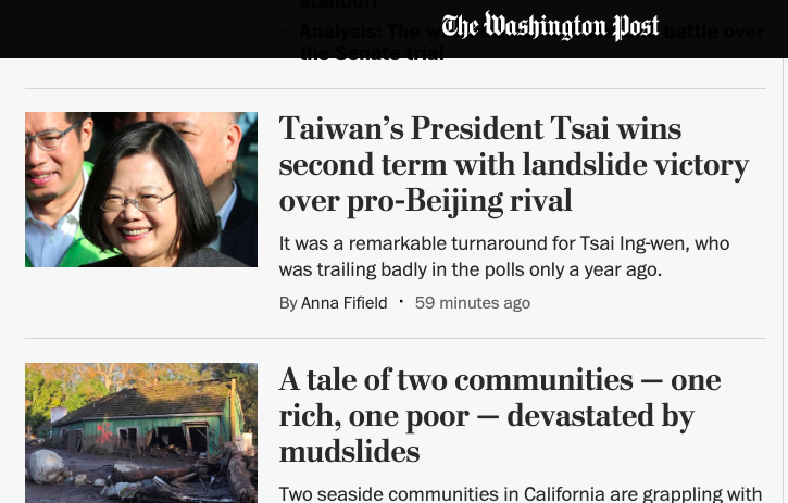 台灣大選結果出爐，總統蔡英文連任成功，美國「華盛頓郵報」以「台灣總統大勝傾向北京的對手，贏得連任」為題報導。   圖：截圖自華盛頓郵報