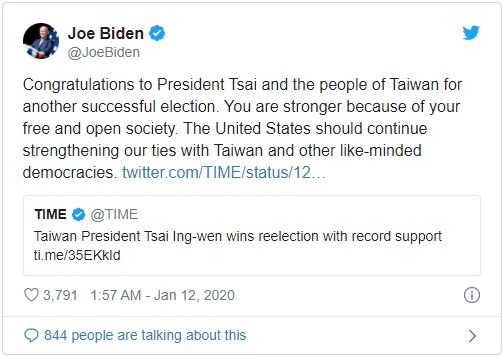 拜登祝賀蔡總統勝選，也恭賀台灣人民再次成功舉辦選舉。   圖/拜登（Joe Biden）推特